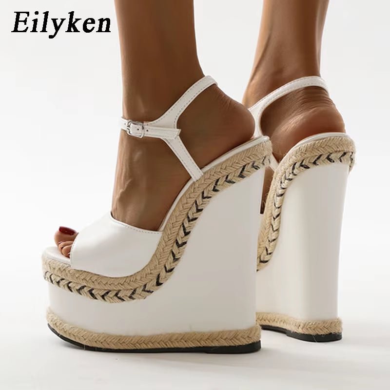 Eilyken Size 35-42 White Sandals for Women Summer Fashion Open Toe Ankle Buckle Strap Platform Wedge High Heels Dress Lady Shoes