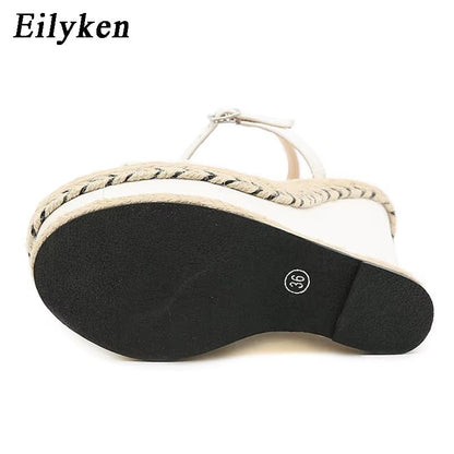 Eilyken Size 35-42 White Sandals for Women Summer Fashion Open Toe Ankle Buckle Strap Platform Wedge High Heels Dress Lady Shoes