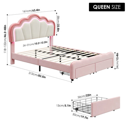 Queen Size LED Bed Frame with 2 Drawers, Velvet Upholstered Platform Bed Frame with Adjustable Petal Headboard, Pink