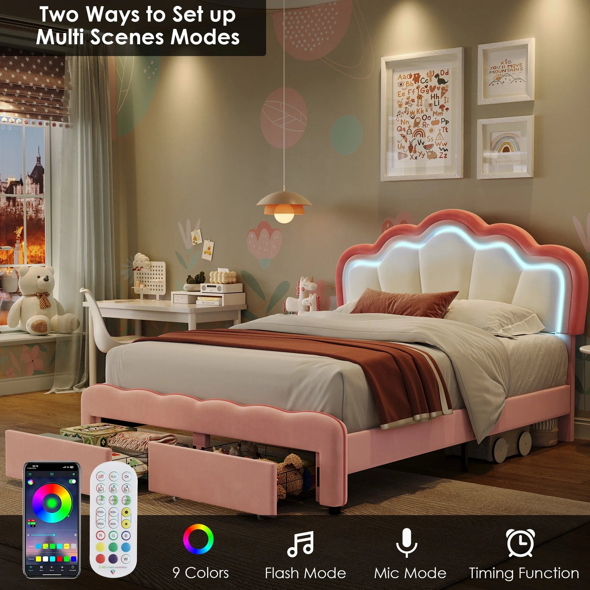 Queen Size LED Bed Frame with 2 Drawers, Velvet Upholstered Platform Bed Frame with Adjustable Petal Headboard, Pink