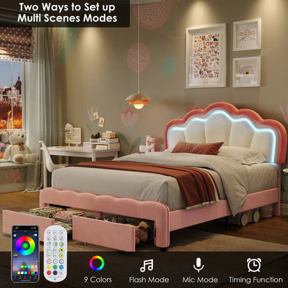 Queen Size LED Bed Frame with 2 Drawers, Velvet Upholstered Platform Bed Frame with Adjustable Petal Headboard, Pink