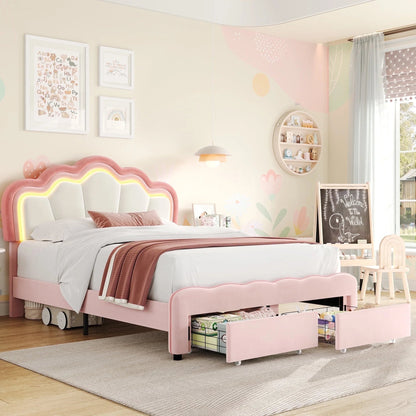 Queen Size LED Bed Frame with 2 Drawers, Velvet Upholstered Platform Bed Frame with Adjustable Petal Headboard, Pink