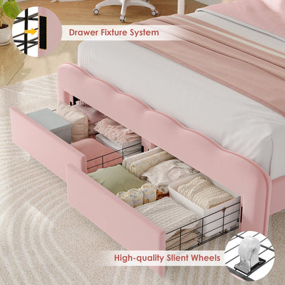 Queen Size LED Bed Frame with 2 Drawers, Velvet Upholstered Platform Bed Frame with Adjustable Petal Headboard, Pink