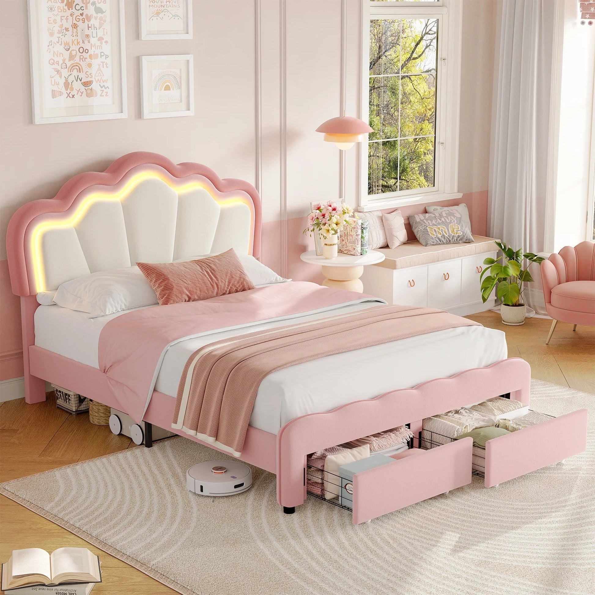 Queen Size LED Bed Frame with 2 Drawers, Velvet Upholstered Platform Bed Frame with Adjustable Petal Headboard, Pink