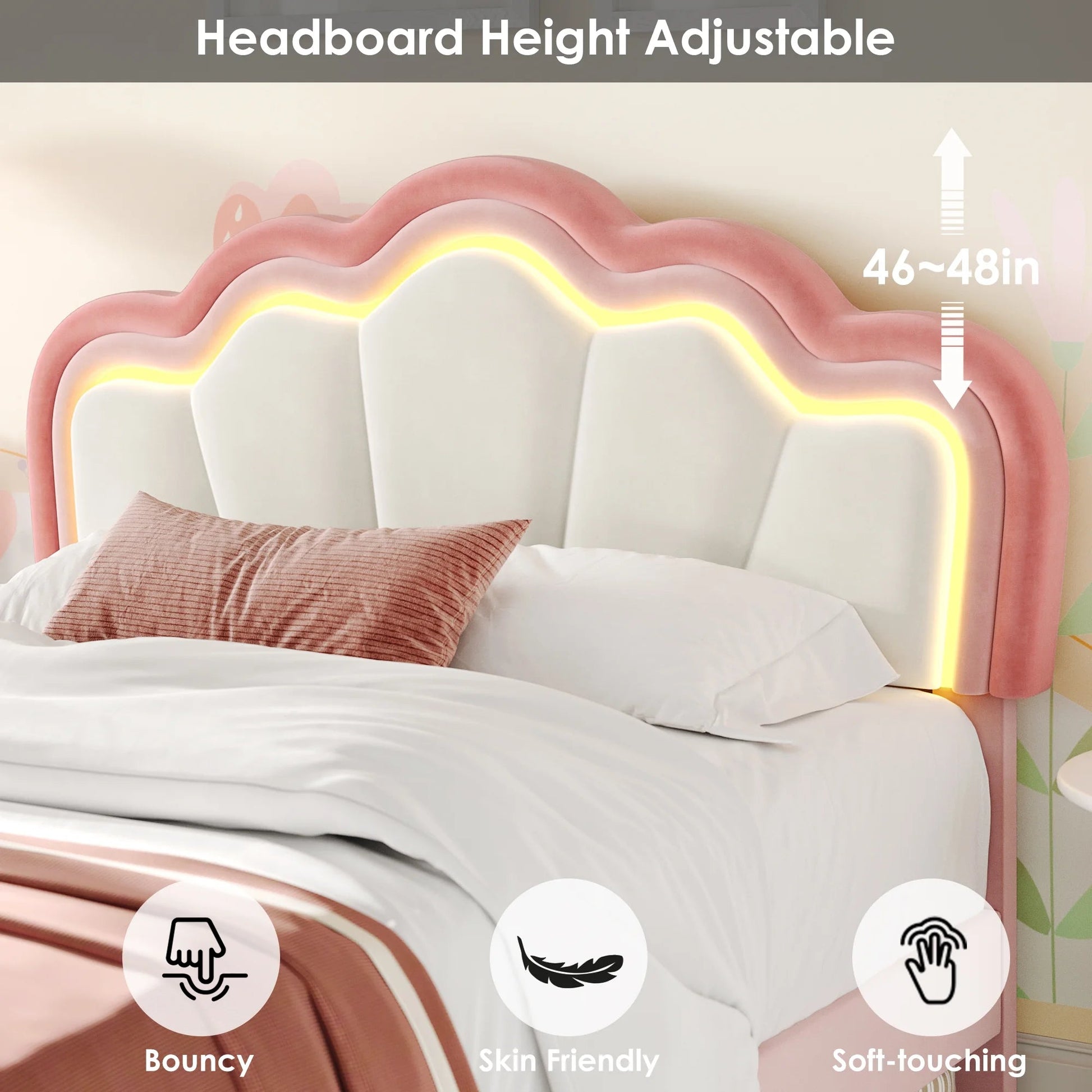 Queen Size LED Bed Frame with 2 Drawers, Velvet Upholstered Platform Bed Frame with Adjustable Petal Headboard, Pink