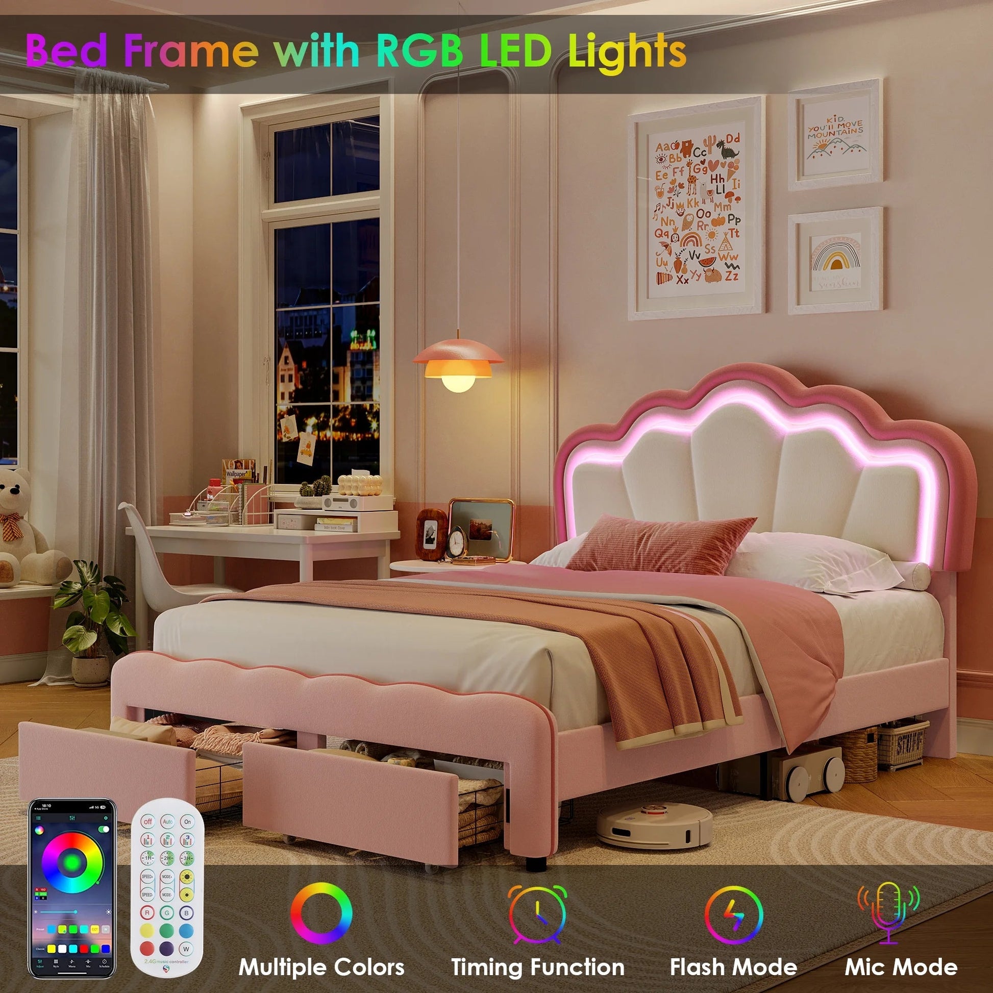Queen Size LED Bed Frame with 2 Drawers, Velvet Upholstered Platform Bed Frame with Adjustable Petal Headboard, Pink