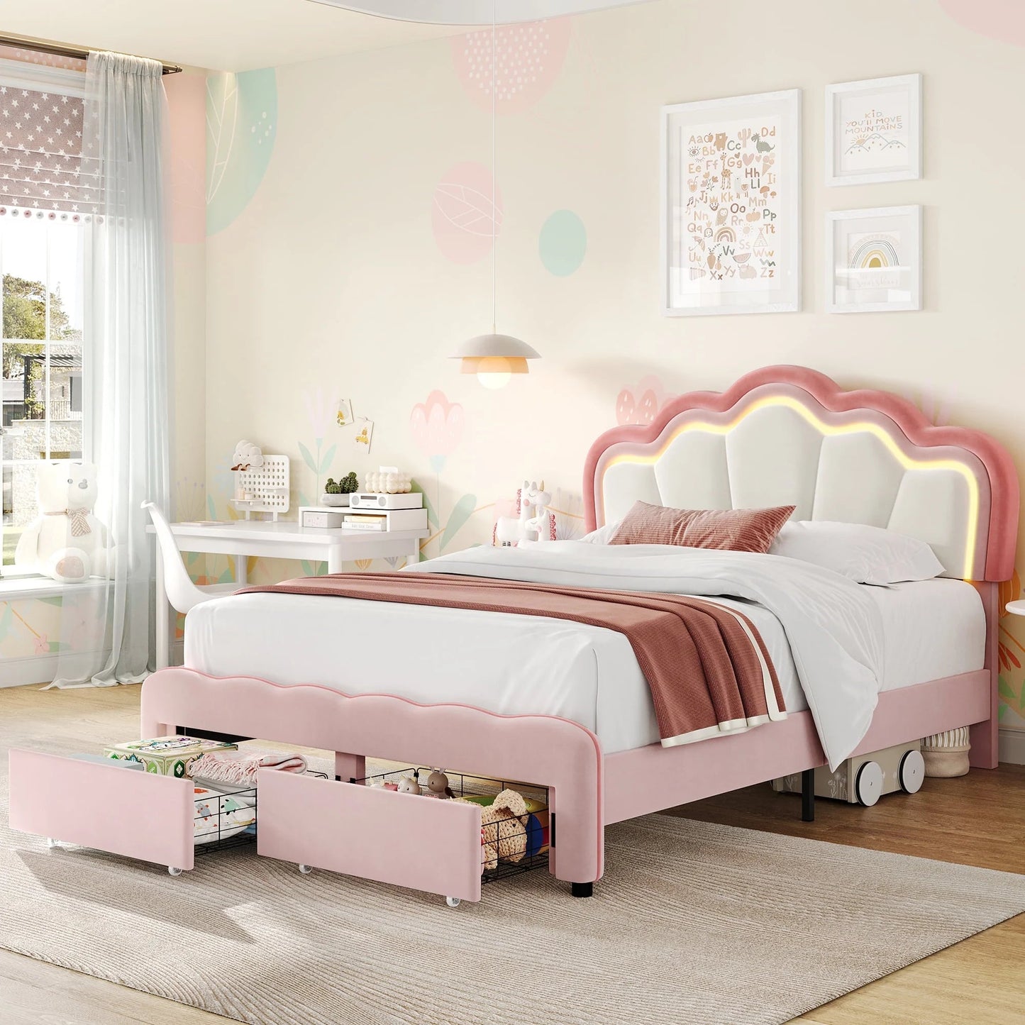 Queen Size LED Bed Frame with 2 Drawers, Velvet Upholstered Platform Bed Frame with Adjustable Petal Headboard, Pink
