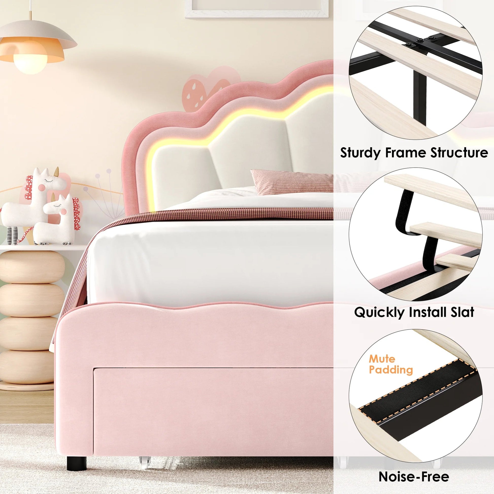 Queen Size LED Bed Frame with 2 Drawers, Velvet Upholstered Platform Bed Frame with Adjustable Petal Headboard, Pink