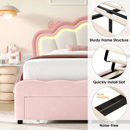 Queen Size LED Bed Frame with 2 Drawers, Velvet Upholstered Platform Bed Frame with Adjustable Petal Headboard, Pink