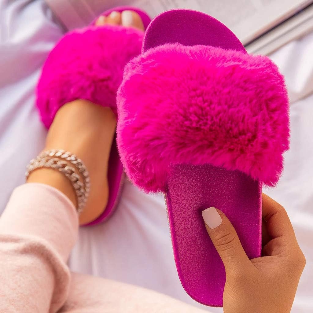 Slippers for Women,Fuzzy Slippers Crystal Furry Plush Fluffy Open Toe Slide Slipper House Home Bedroom Slippers