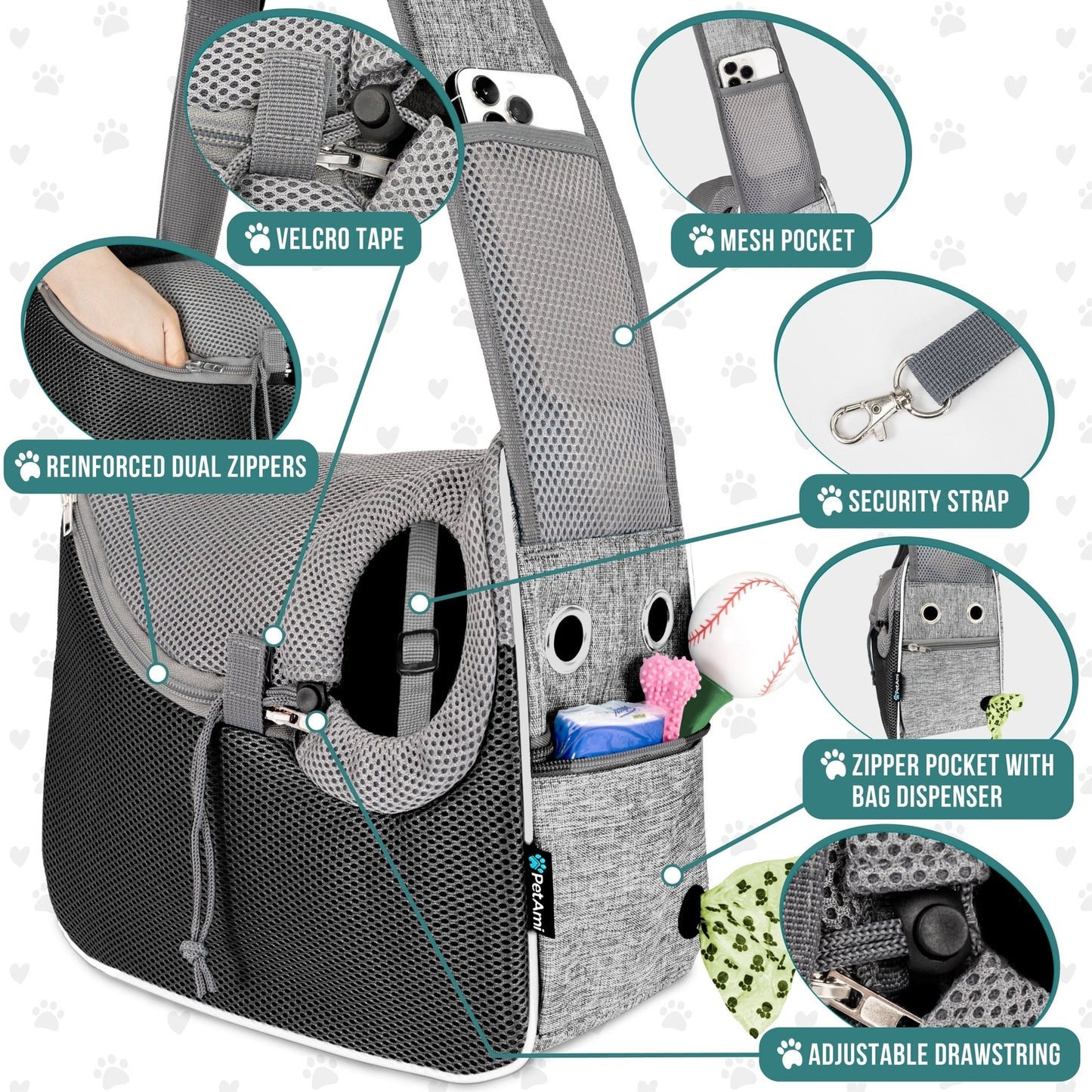 Small Dog Sling Carrier, Soft-Sided Crossbody Puppy Carrying Purse Bag, Adjustable Sling Pet Pouch to Wear Medium Dog Cat Travel, Dog Bag for Traveling, Breathable, Poop Bag Dispenser, Gray