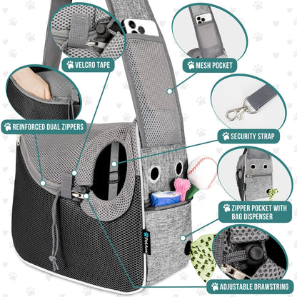 Small Dog Sling Carrier, Soft-Sided Crossbody Puppy Carrying Purse Bag, Adjustable Sling Pet Pouch to Wear Medium Dog Cat Travel, Dog Bag for Traveling, Breathable, Poop Bag Dispenser, Gray