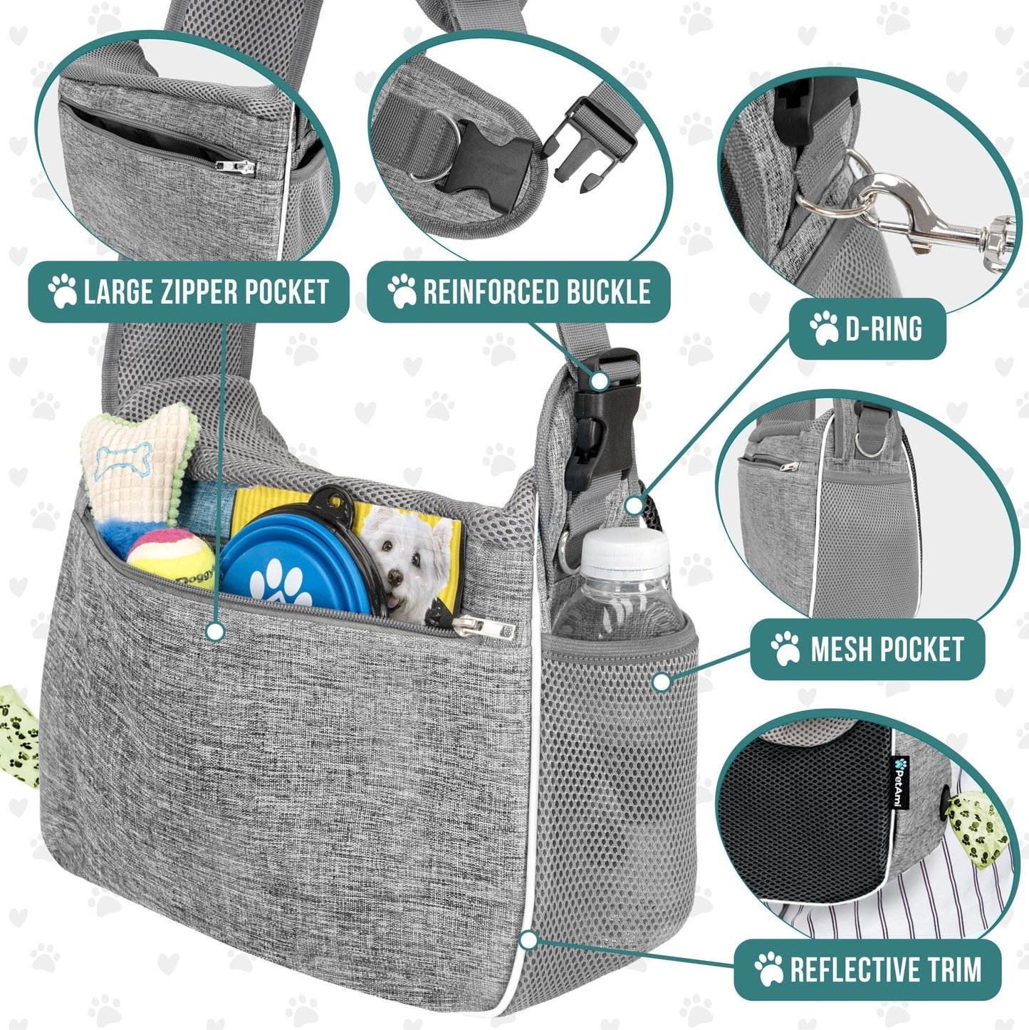 Small Dog Sling Carrier, Soft-Sided Crossbody Puppy Carrying Purse Bag, Adjustable Sling Pet Pouch to Wear Medium Dog Cat Travel, Dog Bag for Traveling, Breathable, Poop Bag Dispenser, Gray