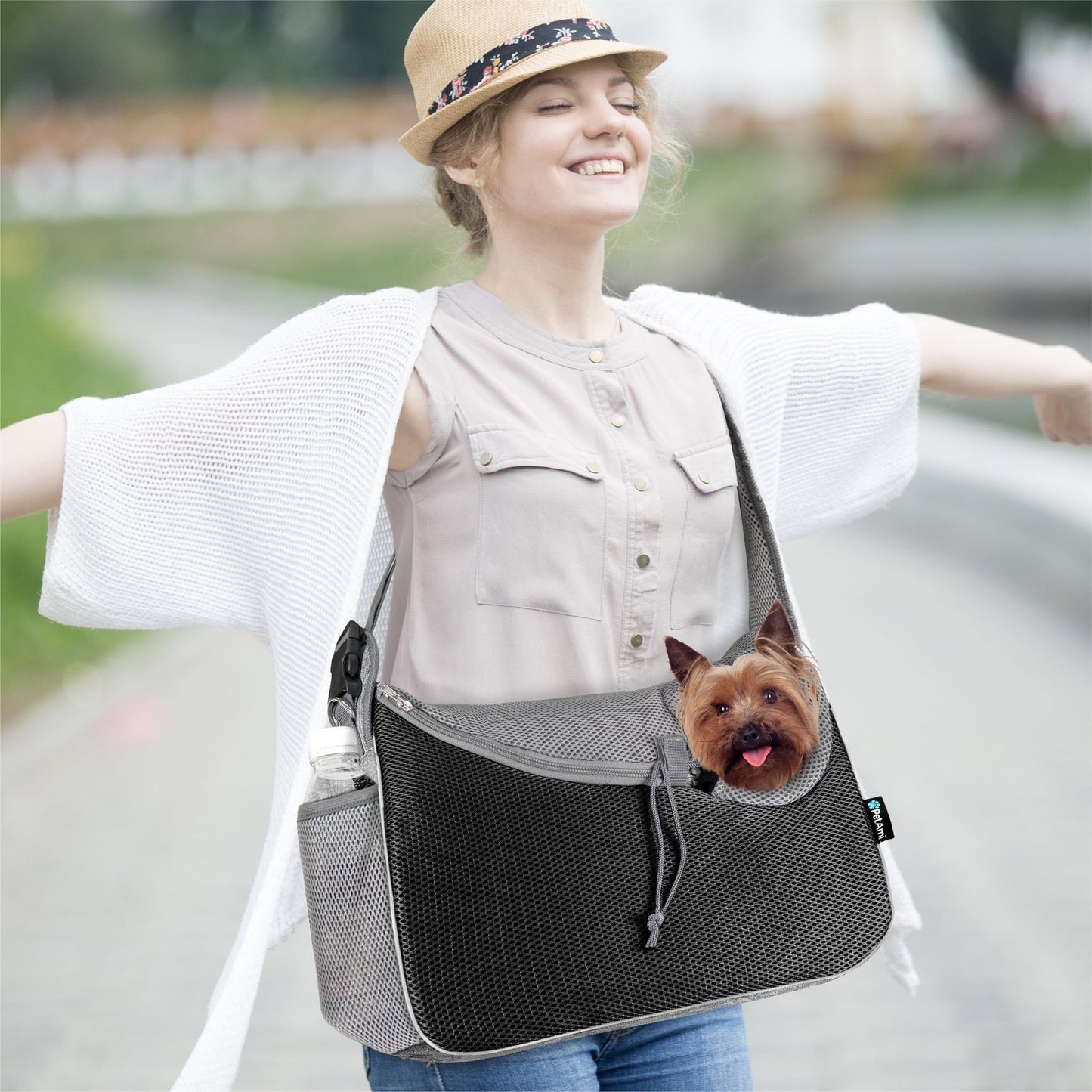 Small Dog Sling Carrier, Soft-Sided Crossbody Puppy Carrying Purse Bag, Adjustable Sling Pet Pouch to Wear Medium Dog Cat Travel, Dog Bag for Traveling, Breathable, Poop Bag Dispenser, Gray