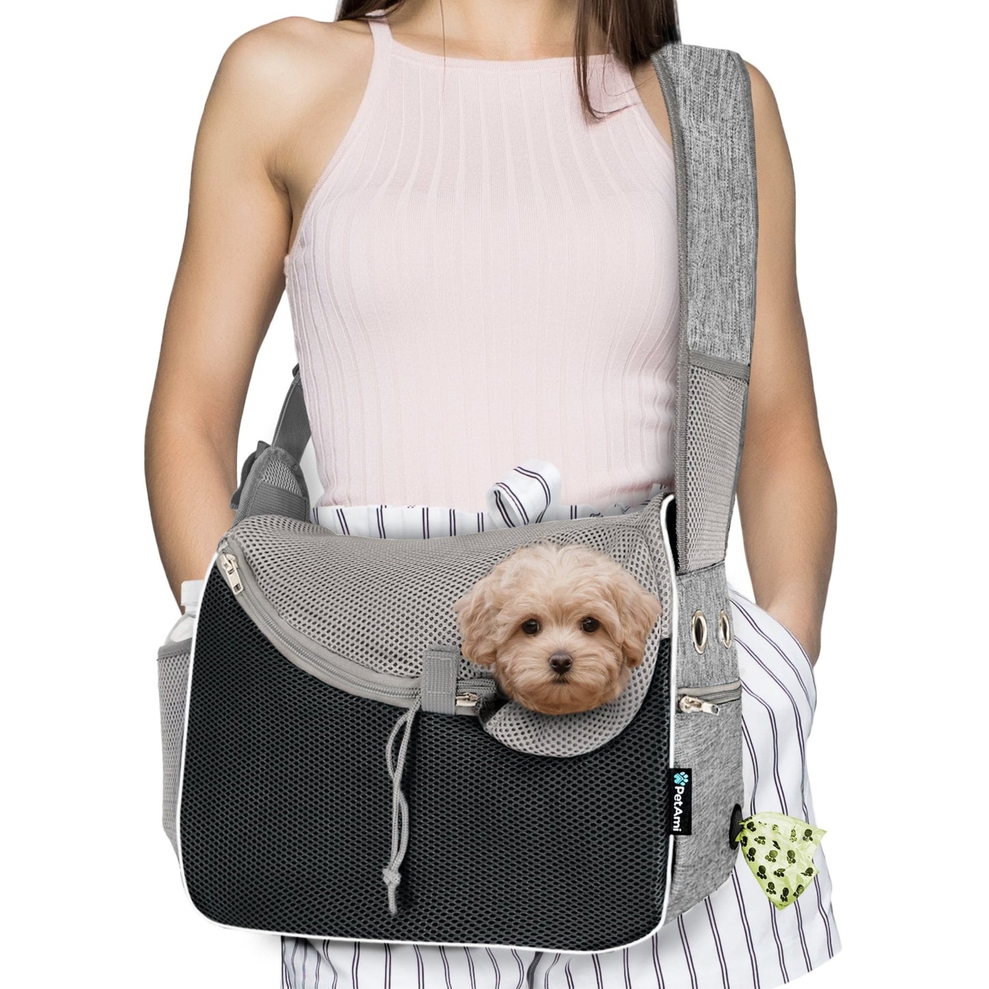 Small Dog Sling Carrier, Soft-Sided Crossbody Puppy Carrying Purse Bag, Adjustable Sling Pet Pouch to Wear Medium Dog Cat Travel, Dog Bag for Traveling, Breathable, Poop Bag Dispenser, Gray