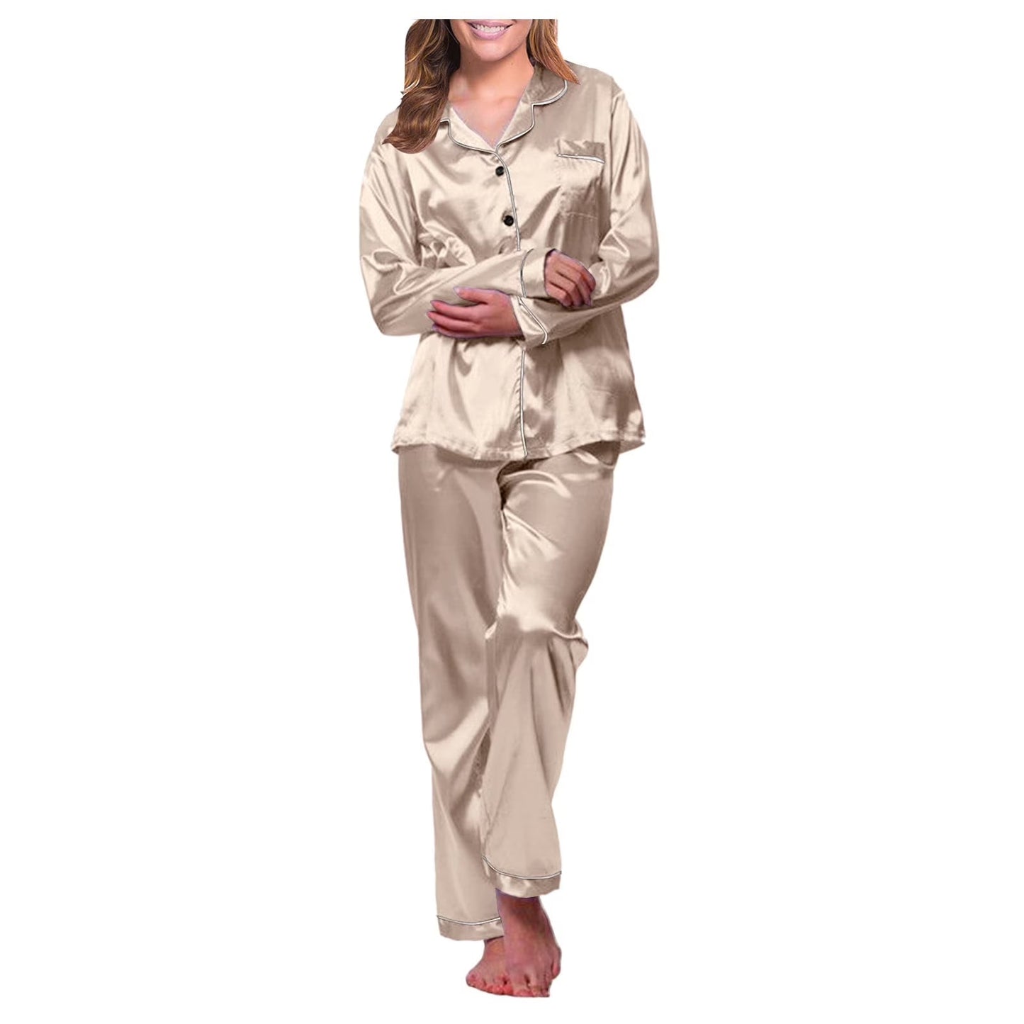 Underwear for Women, Womens Silk Satin Pajamas Set Long Sleeve Button down Sleepwear 2 Piece Lounge Set Pj Set M-5XL Gold 5XL
