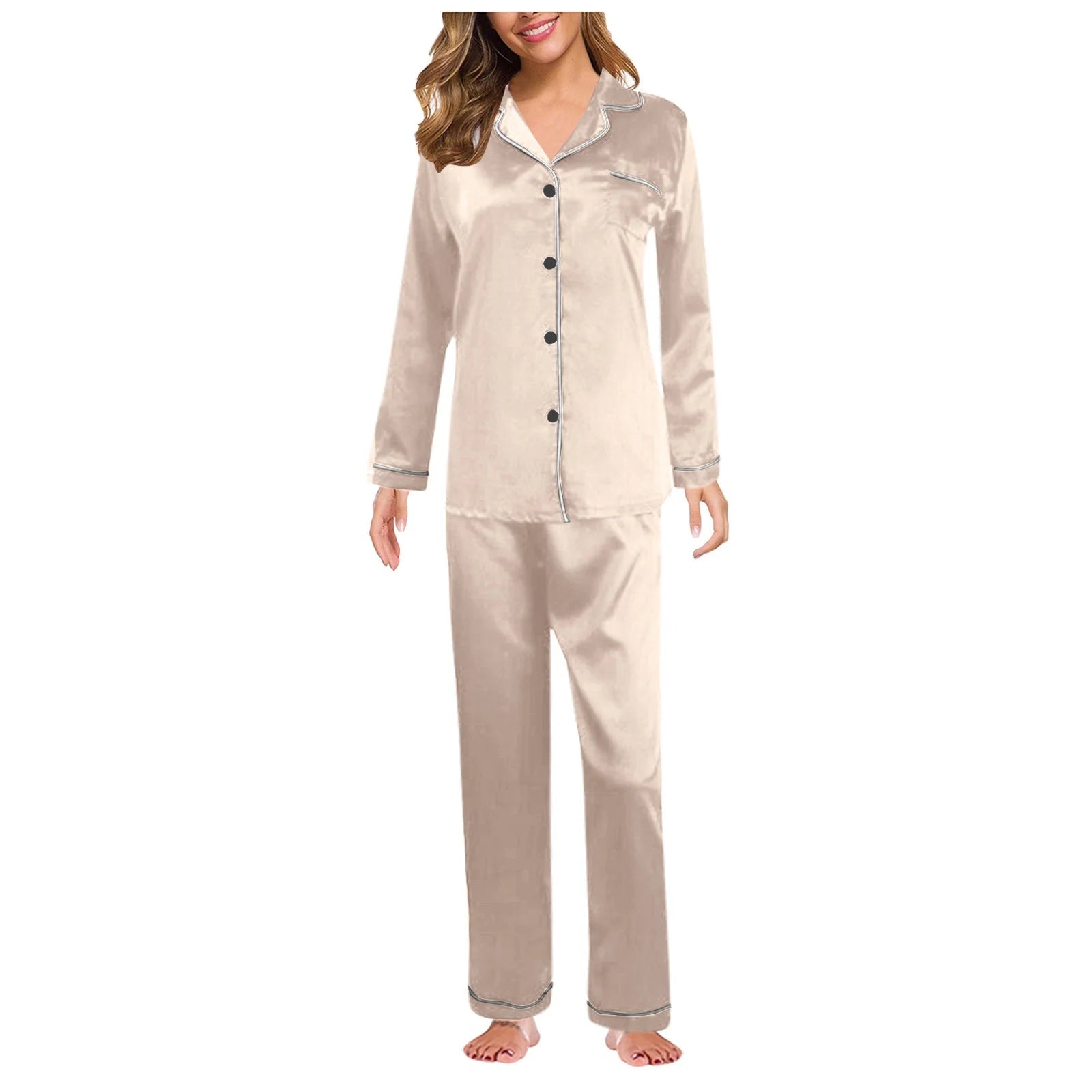 Underwear for Women, Womens Silk Satin Pajamas Set Long Sleeve Button down Sleepwear 2 Piece Lounge Set Pj Set M-5XL Gold 5XL