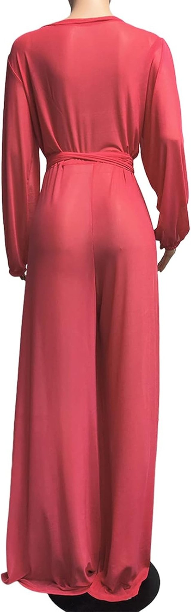 Women plus Size Sexy Long Sleeve Mesh Sheer Jumpsuit V Neck See through Wide Leg Long Pants Clubwear Jumpsuit with Belt Pink XL