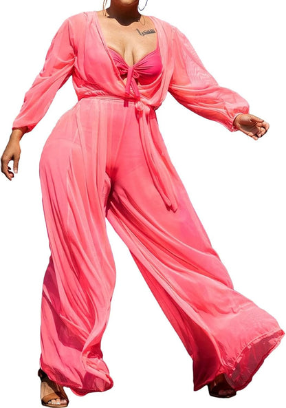 Women plus Size Sexy Long Sleeve Mesh Sheer Jumpsuit V Neck See through Wide Leg Long Pants Clubwear Jumpsuit with Belt Pink XL