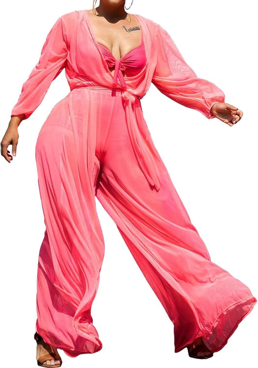 Women plus Size Sexy Long Sleeve Mesh Sheer Jumpsuit V Neck See through Wide Leg Long Pants Clubwear Jumpsuit with Belt Pink XL