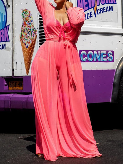 Women plus Size Sexy Long Sleeve Mesh Sheer Jumpsuit V Neck See through Wide Leg Long Pants Clubwear Jumpsuit with Belt Pink XL