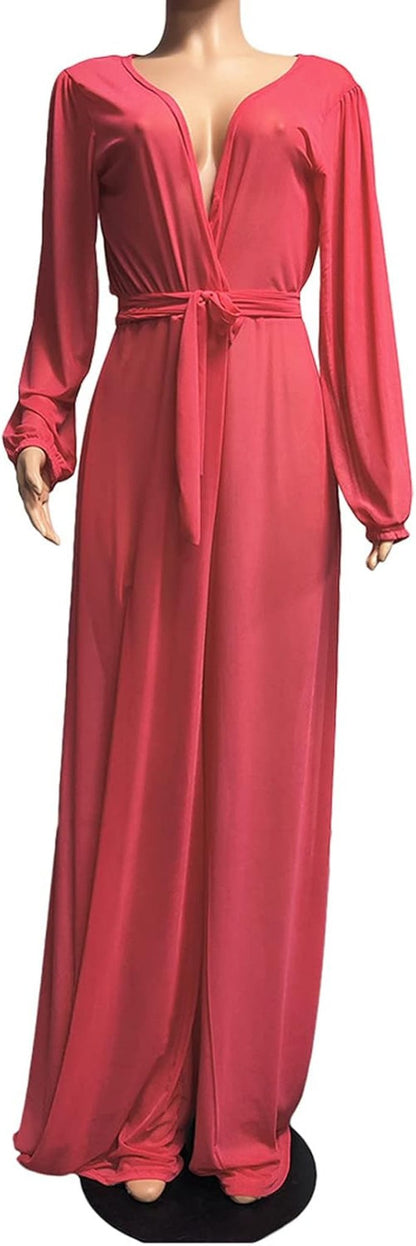 Women plus Size Sexy Long Sleeve Mesh Sheer Jumpsuit V Neck See through Wide Leg Long Pants Clubwear Jumpsuit with Belt Pink XL