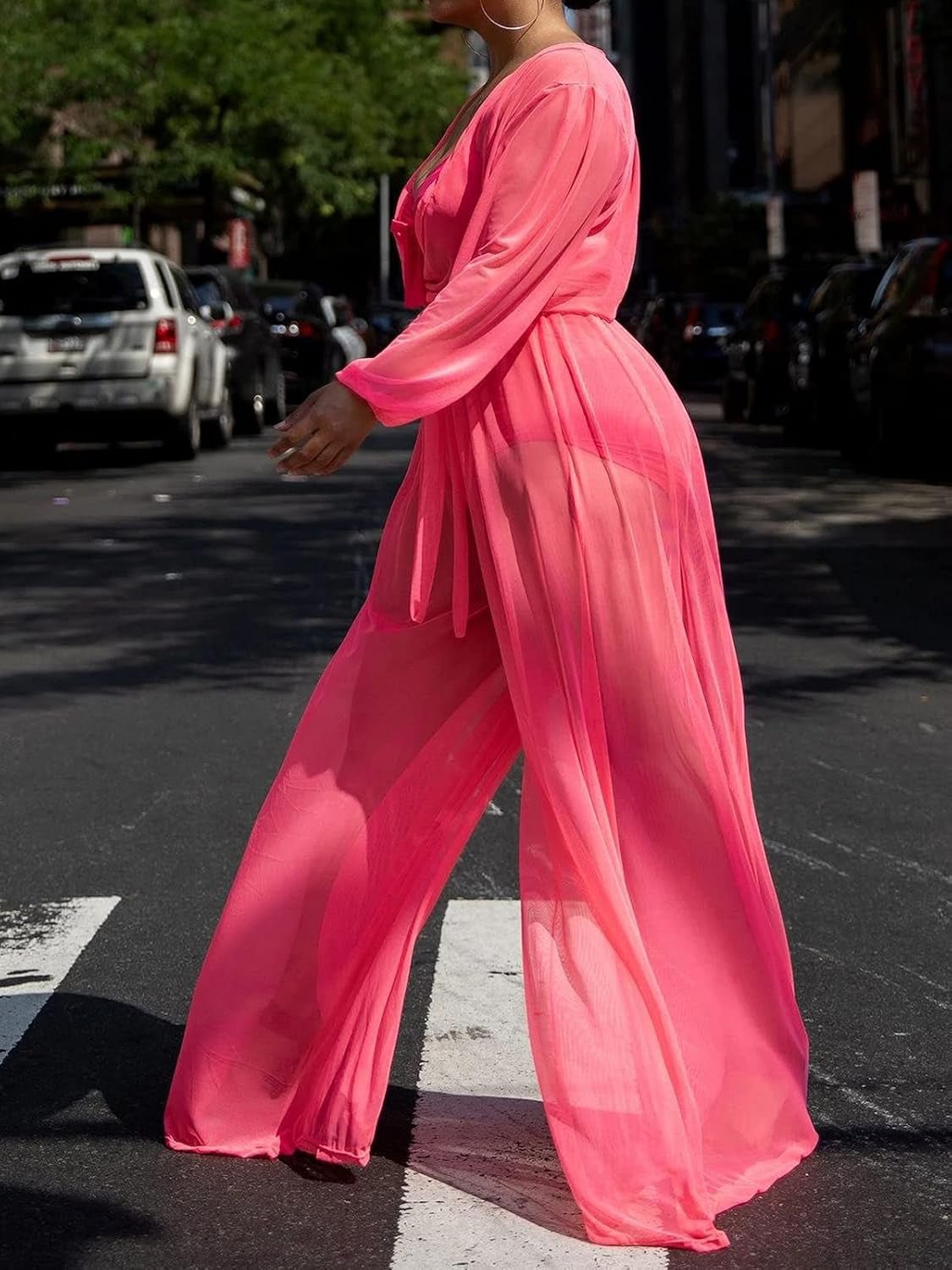 Women plus Size Sexy Long Sleeve Mesh Sheer Jumpsuit V Neck See through Wide Leg Long Pants Clubwear Jumpsuit with Belt Pink XL