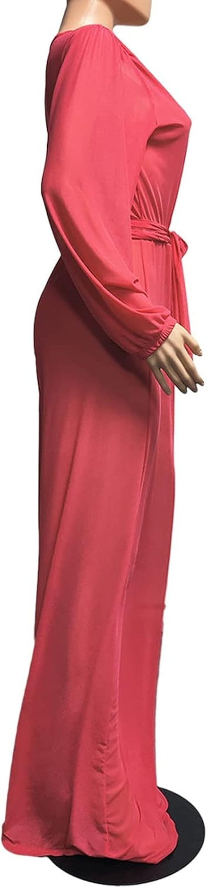 Women plus Size Sexy Long Sleeve Mesh Sheer Jumpsuit V Neck See through Wide Leg Long Pants Clubwear Jumpsuit with Belt Pink XL
